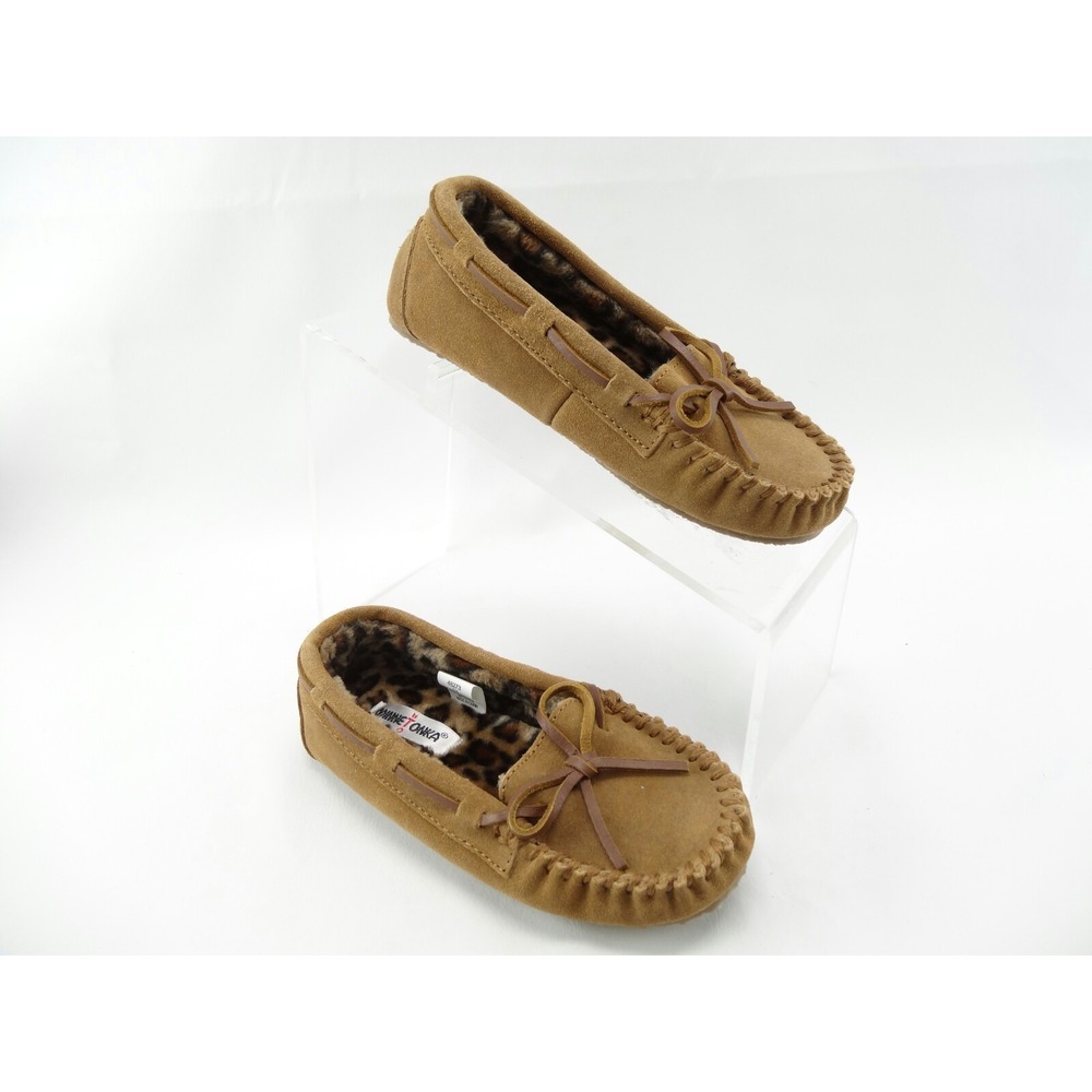 Minnetonka Cute Girl's Faux Leopard Fur Lined Brown Slipper 48273 Youth Size 13